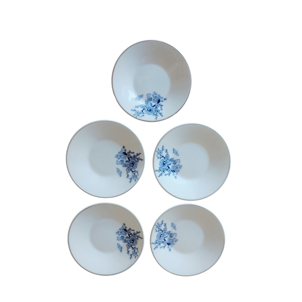 Vintage Japanese Porcelain Saucers Set of 5 Blue White Geisha Floral‎ Silver Rim
